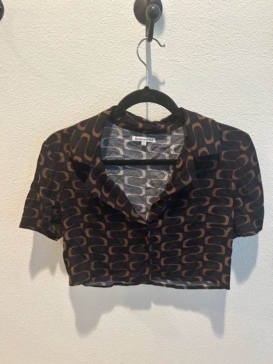 Reformation Crop Top Black Brown Linguini Print Collared Button Up - Picture 2 of 6